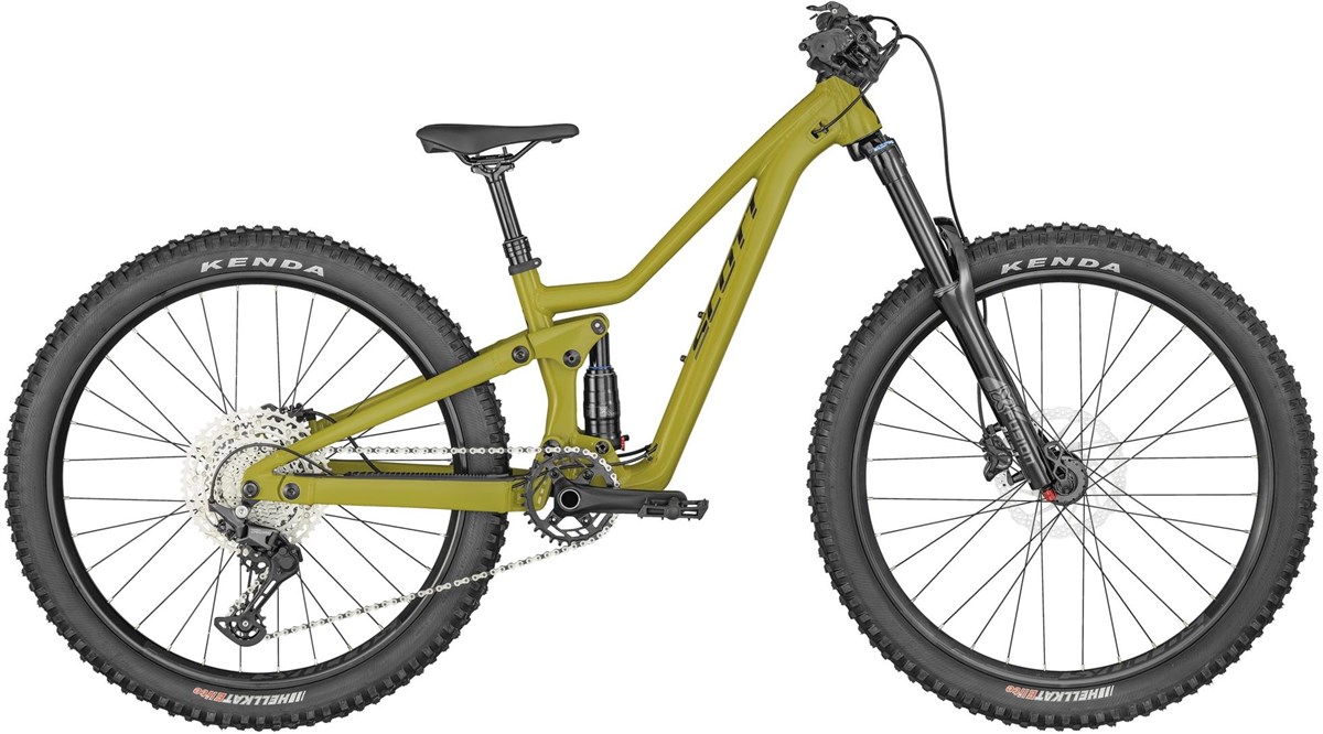 Best full suspension kids bikes: A greeny-yellow Scott Ransom 600 full suspension mountain bike on a white background
