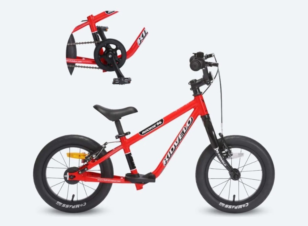 Best 14” bikes for 3-4 year-olds: The Kidvelo Rookie 14 bike in front of a blank background