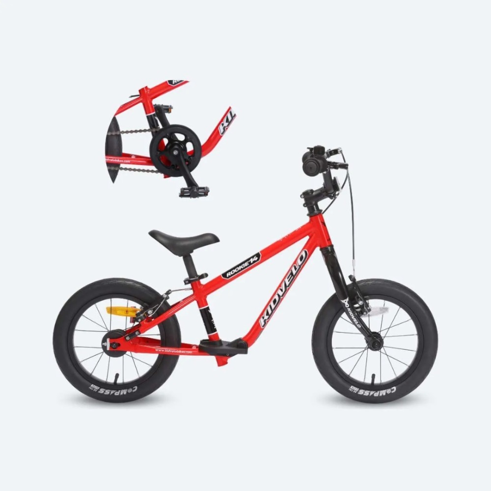 Best 14” kids' bikes for 3-4 year-olds: The Kidvelo Rookie 14 bike in front of a blank background