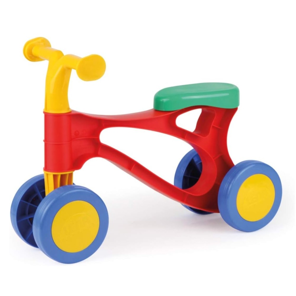 Best bikes for a 1 year-old: A colourful four-wheeled Lena Toddlebike on a blank background