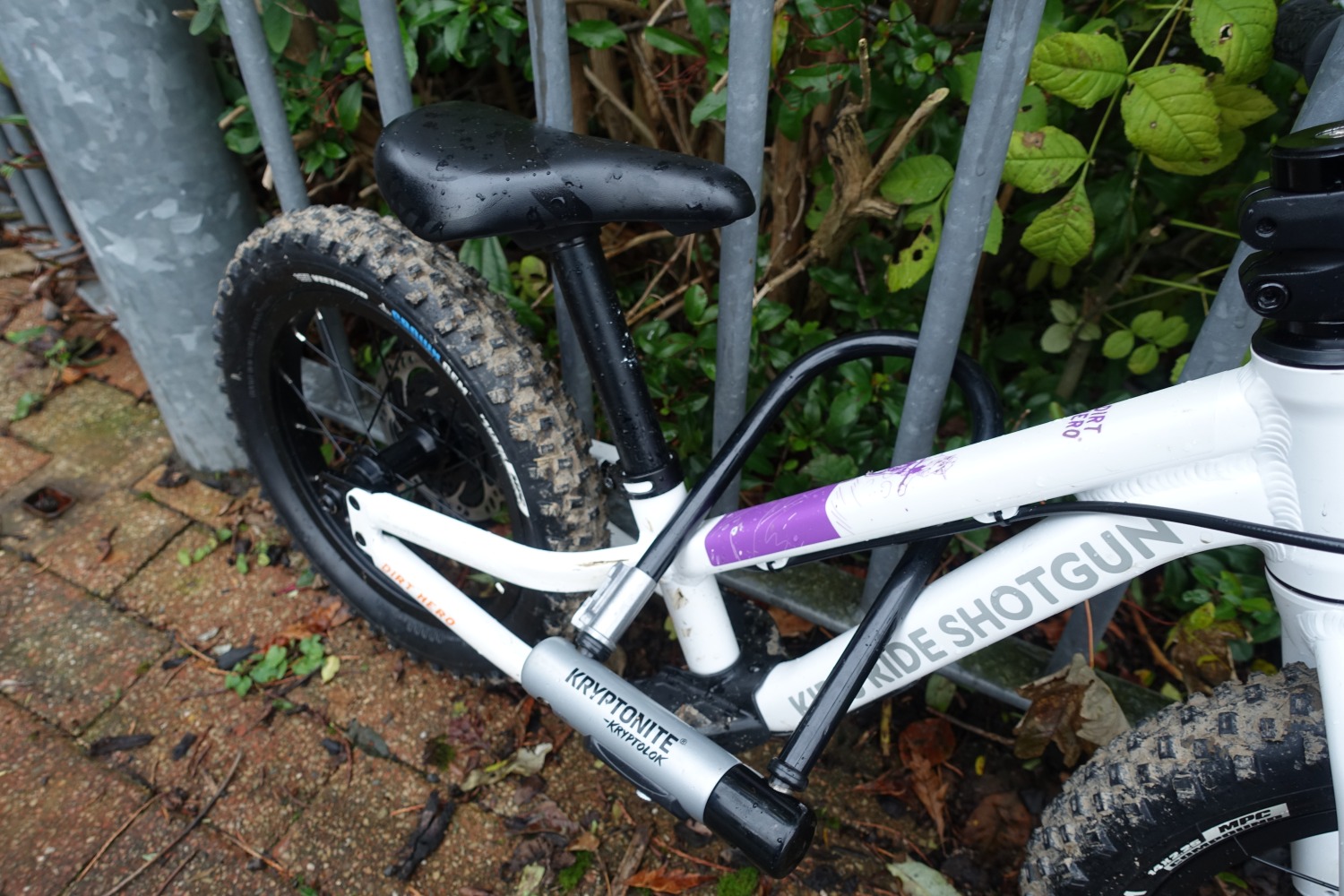 kids balance bike locked with D lock