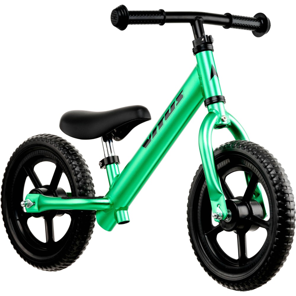 A Vitus Nippy balance bike in green on a blank background, seen from the front and side