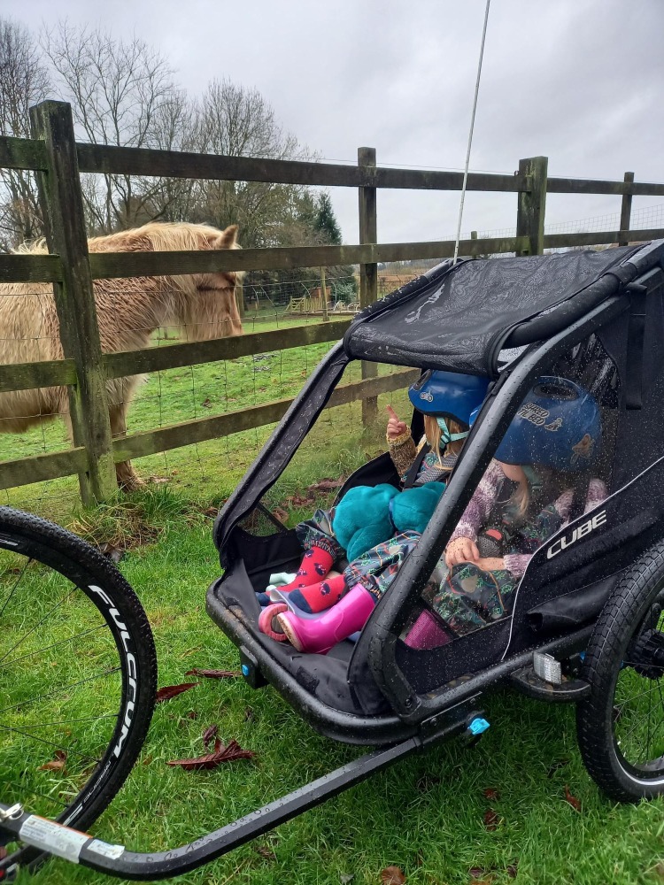 cube double bike trailer in use 