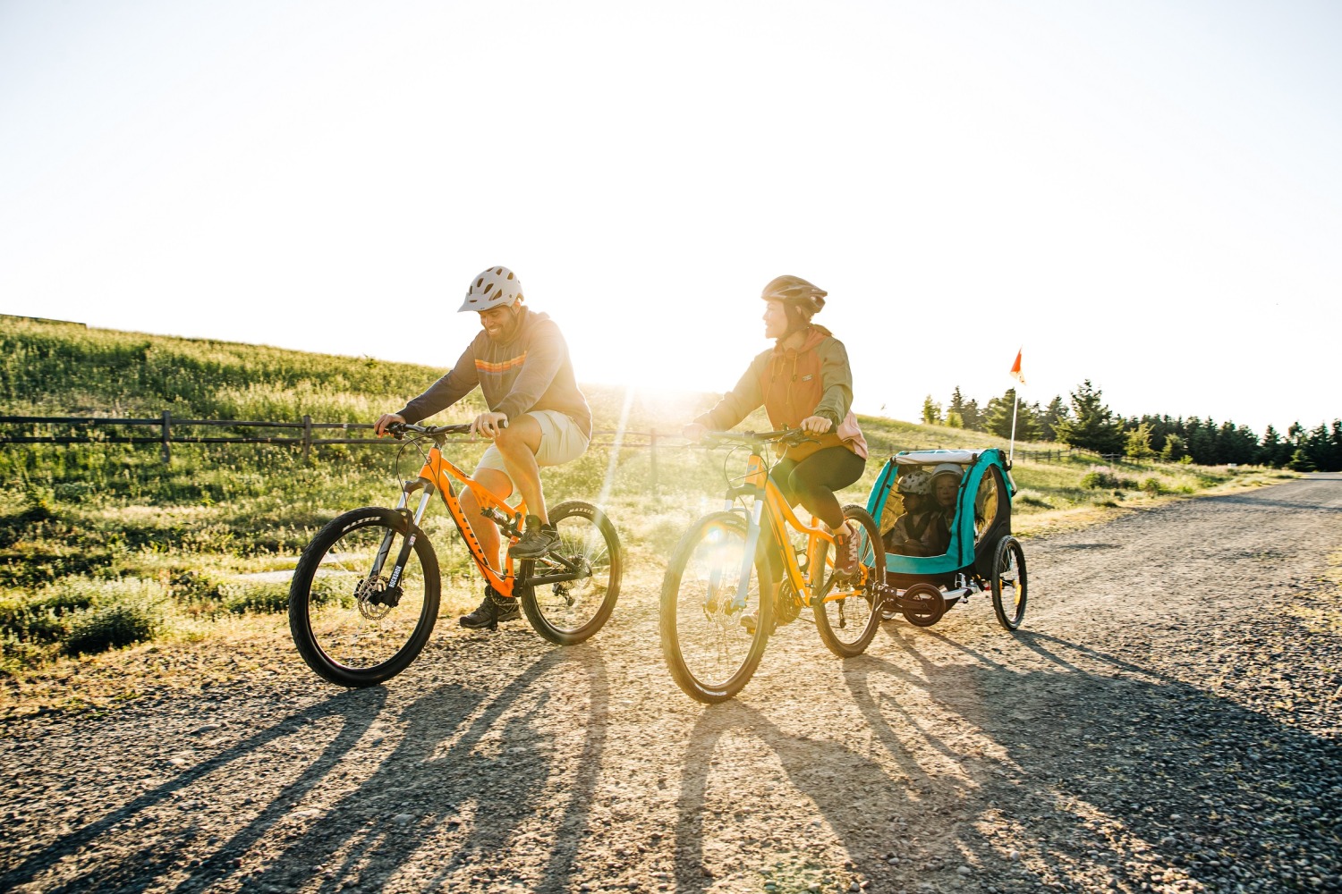 family mountain bike ride on a sunny day