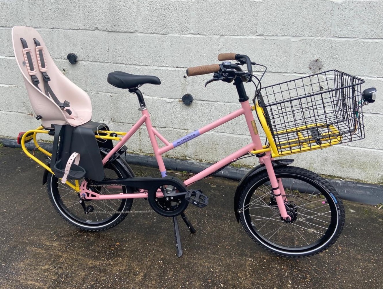 Cycling in Ramadan - Sarah Jasat's pink Flux Probllama utility bike with a large front basket and rear child seat