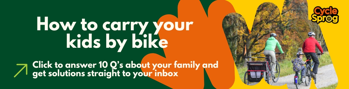 orange and green how to carry your kids by bike advert with a photo of a family on a bike ride