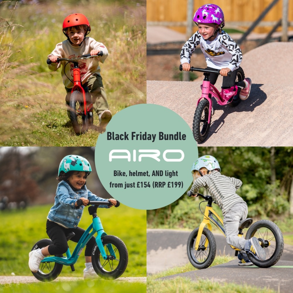 Hornit Black Friday deal: A collage of four photos of toddlers riding Hornit balance bikes, with a badge in the middle stating their AIRO bundle deal: Get an AIRO balance bike + a helmet + a MINI bike horn + a TRACE rear light from just £154 (RRP from £199)