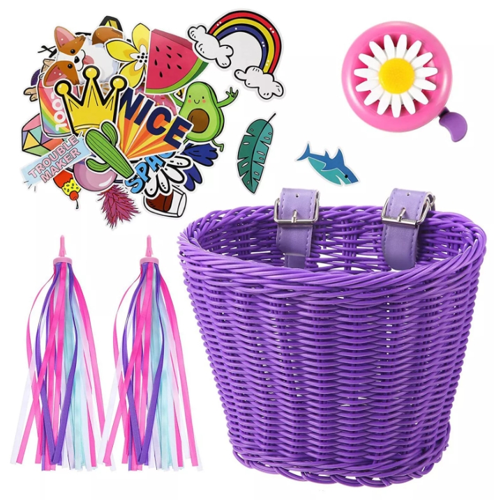Bikes for girls: A set of bike streamers, a purple bike basket, a flowery bell and a set of fun stickers