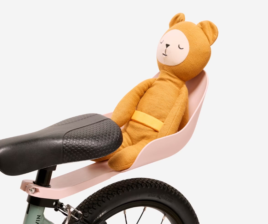 Bikes for girls: a plastic bike seat mounted to a kids bike, with a teddy in it
