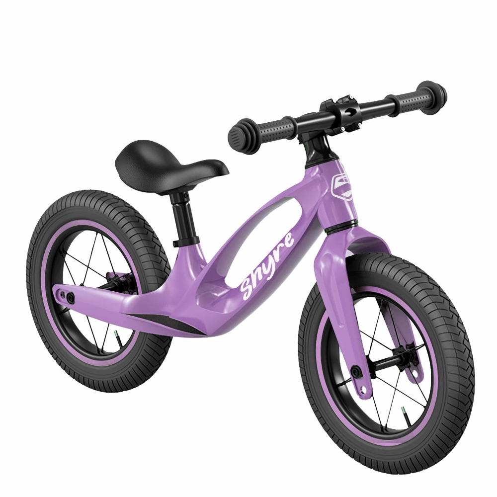 The Shyre Myndie 12 balance bike seen from the front-side on a blank background