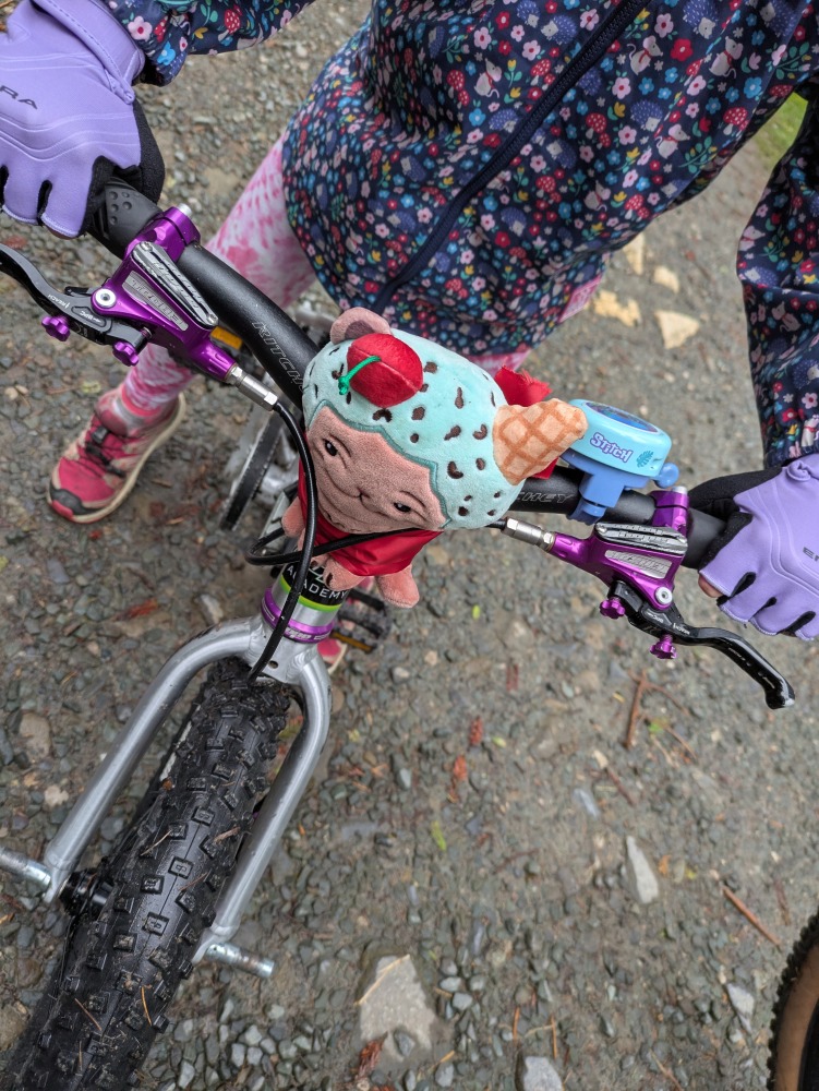 Best bike accessories for kids: Looking down on a child's handlebars with a fun plushie accessory and bell Best bike accessories for kids: Looking down on a child's handlebars with a fun plushie accessory and bell