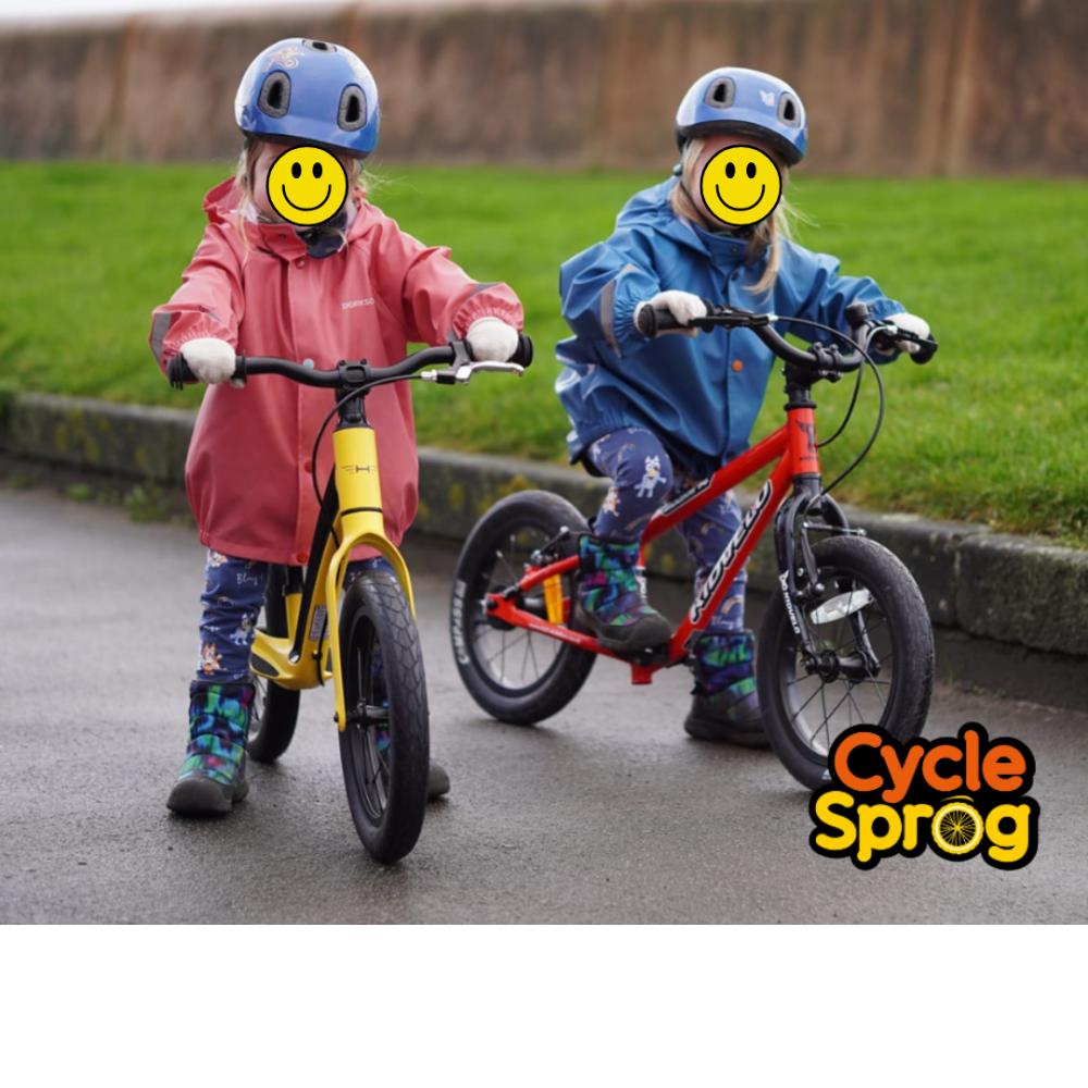 Best bikes for a 3 year old Photo of twin 3 year old girls. One is riding a yellow balance bike and the other a red pedal bike