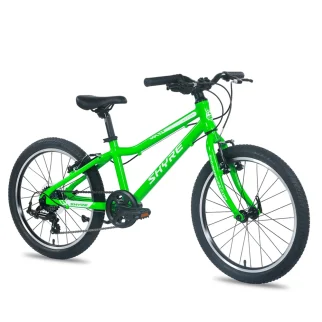 A green childrens hybrid bike on a white background. The bike is a shyre hopton 20