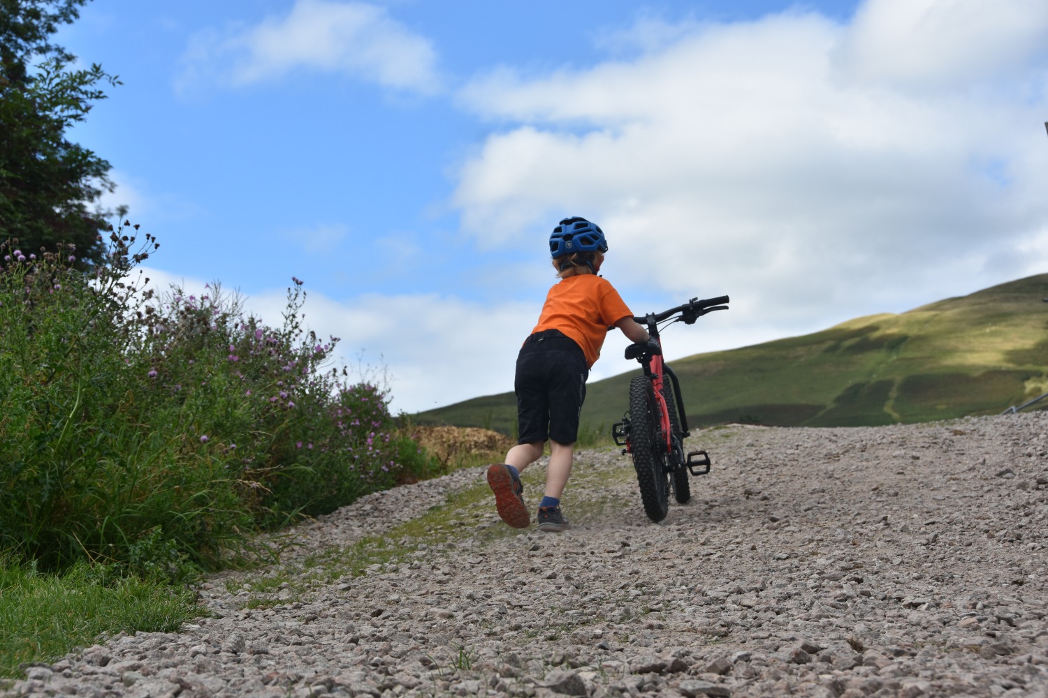 A little boy in an orange top pushing his Red 20 inch BTWIN EXPL 900r uphill