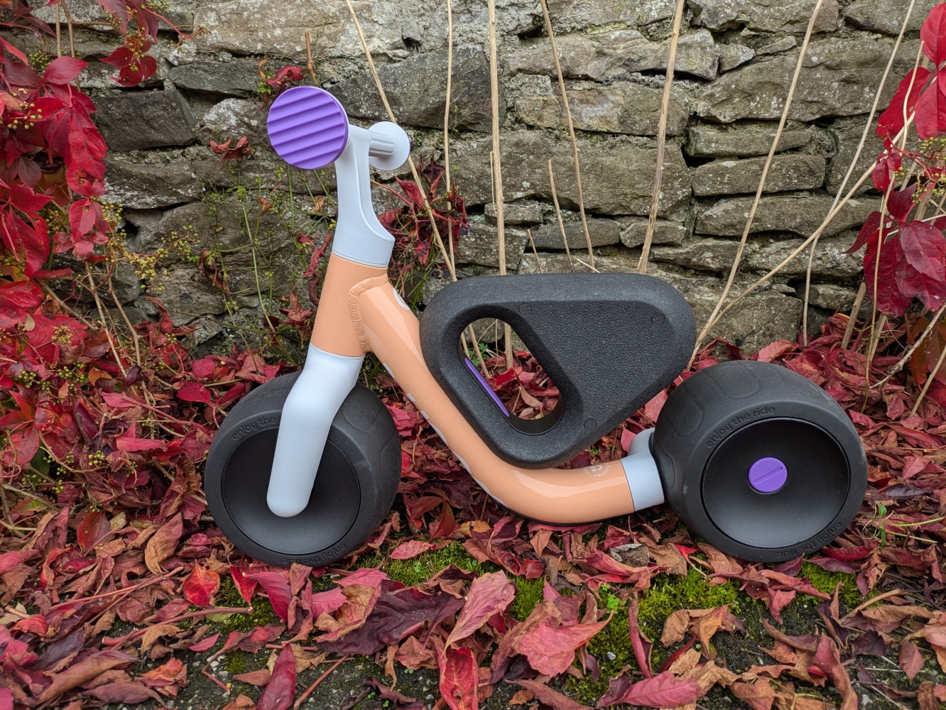 the peach colour woom WOW toddler first ride-on bike pictured against a wall with red leaves on the ground