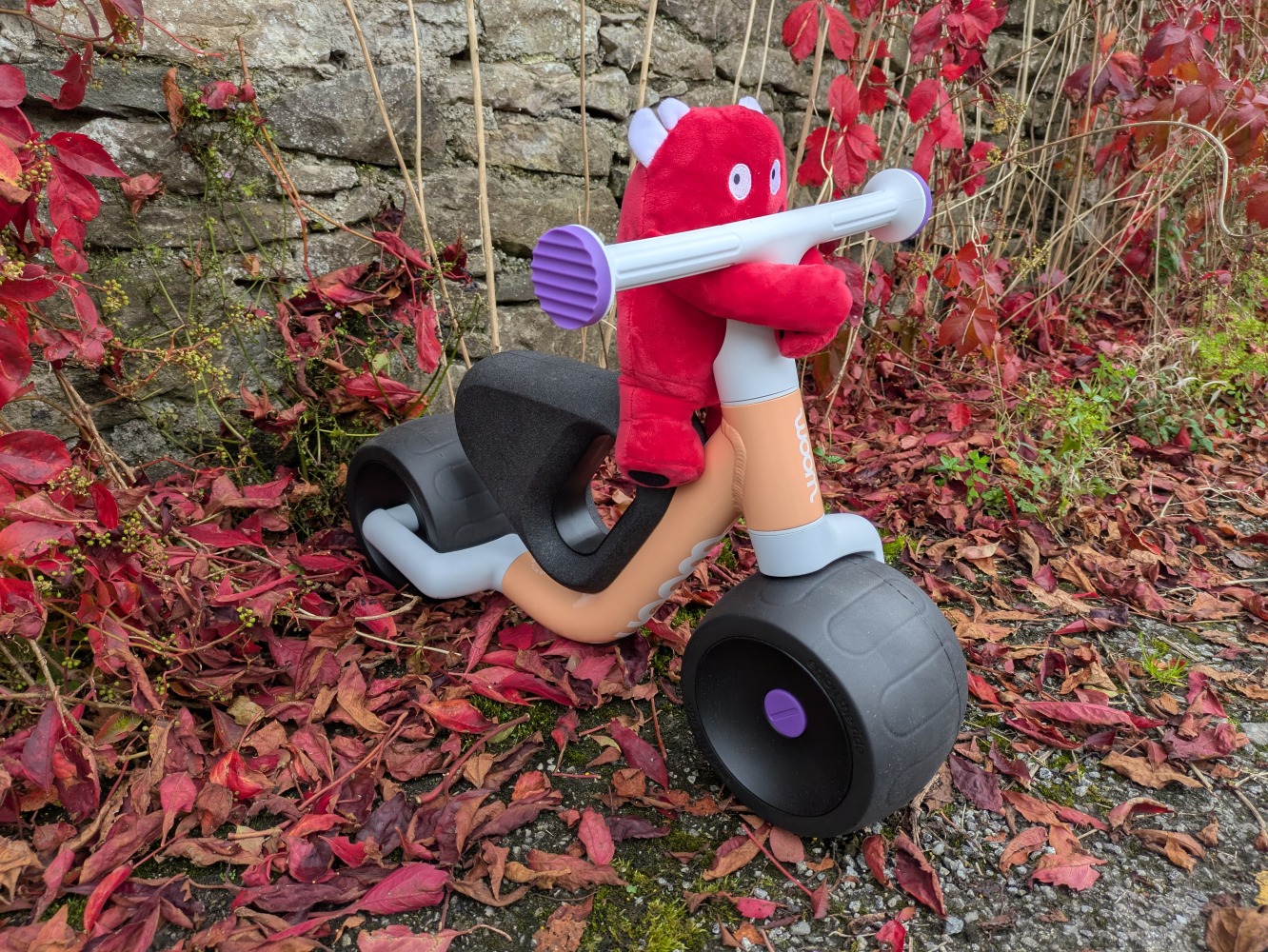woom WOW first ride on bike outside with Buddy the soft toy on the handlebars