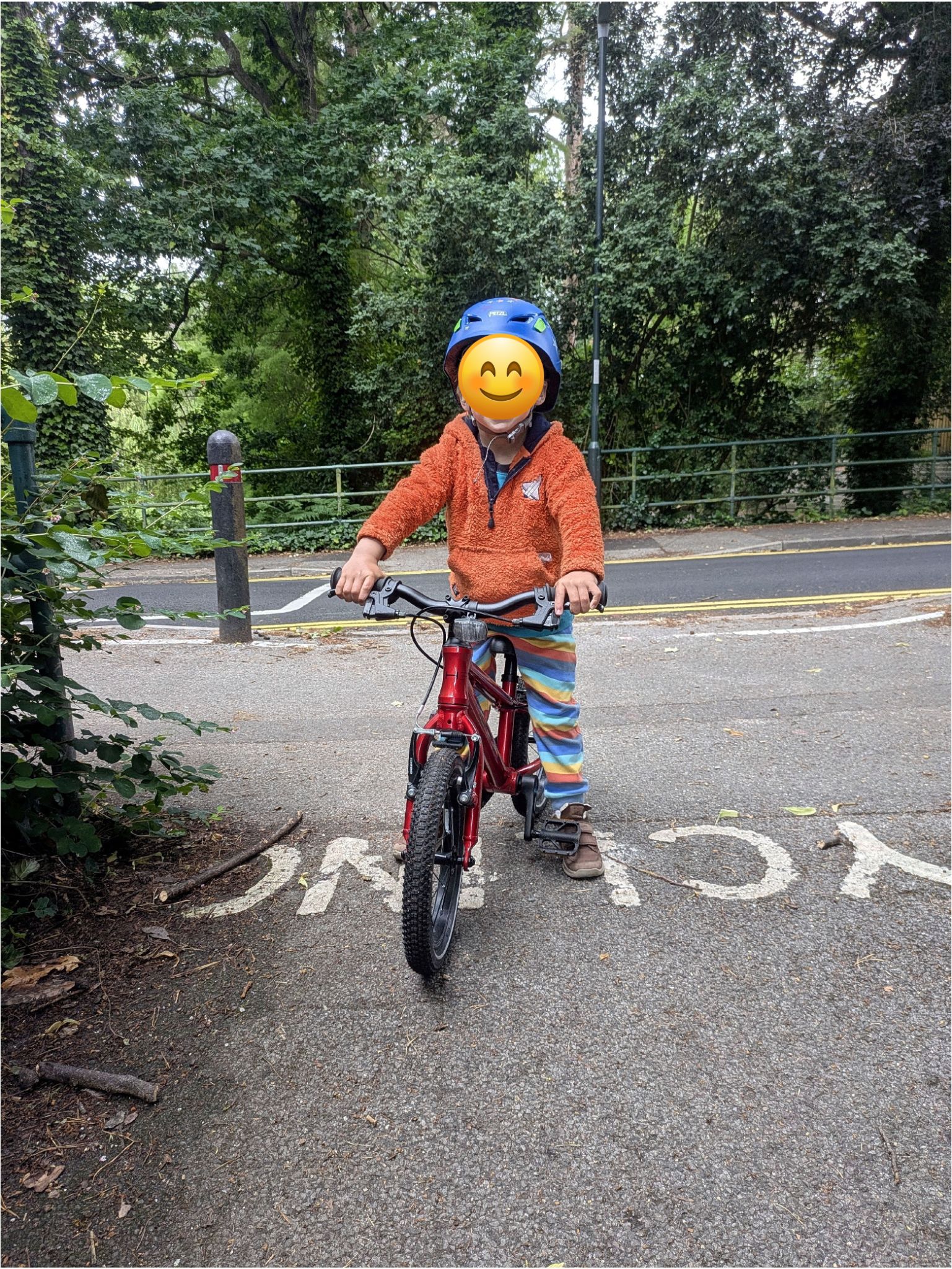 Young boy smiling while riding the Hornit HERO 14 kids bike in red 