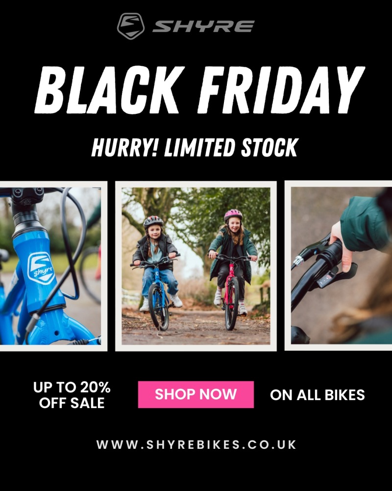 A Black Friday graphic with three photos of kids riding Shyre Bikes, and text describing the 10% discount deal