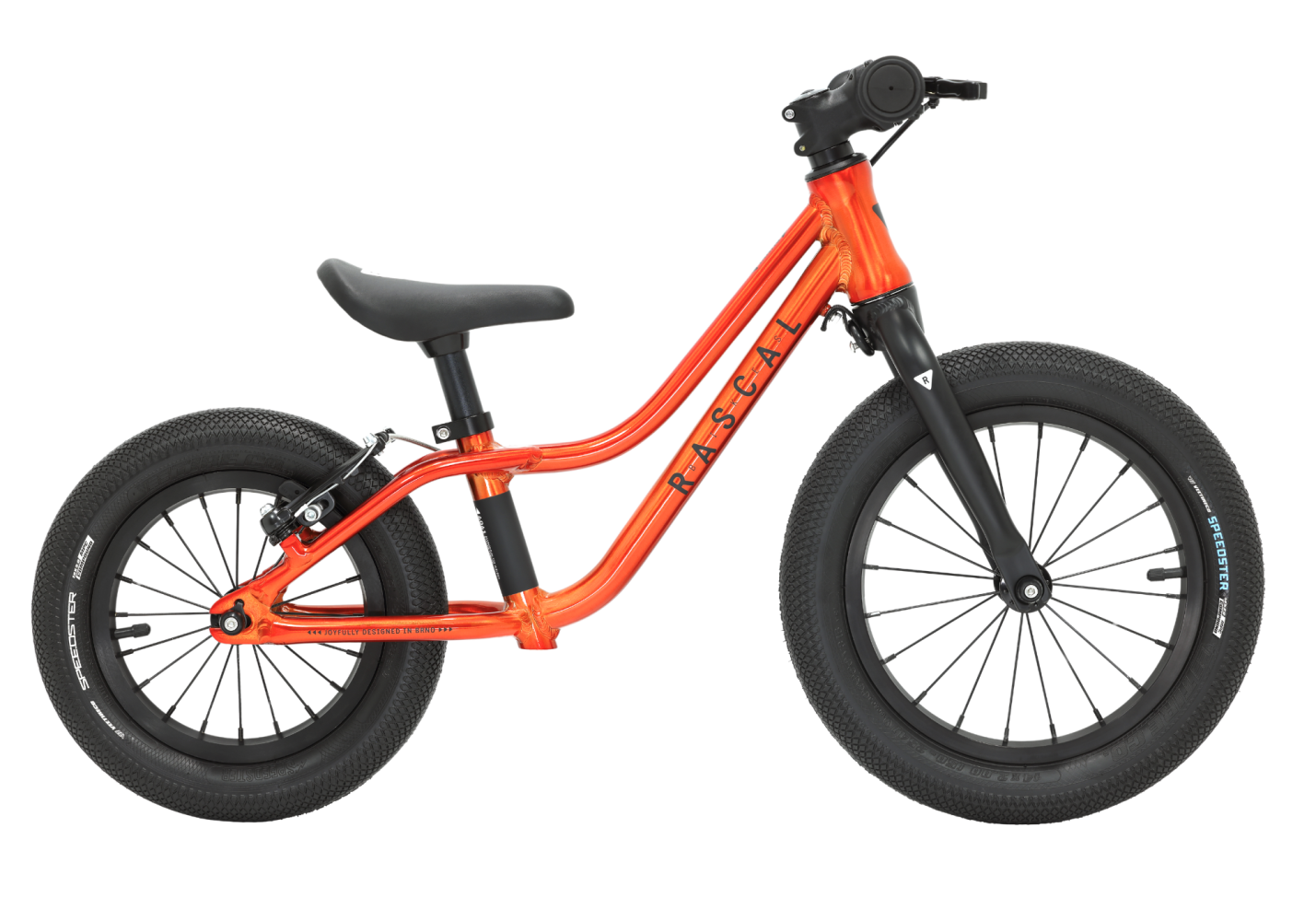 Side view of the new Punk Balance Bike from Rascal bikes showing the different wheel sizes on this mullet balance bike - 14 inch wheel at front and 12 inch at rear