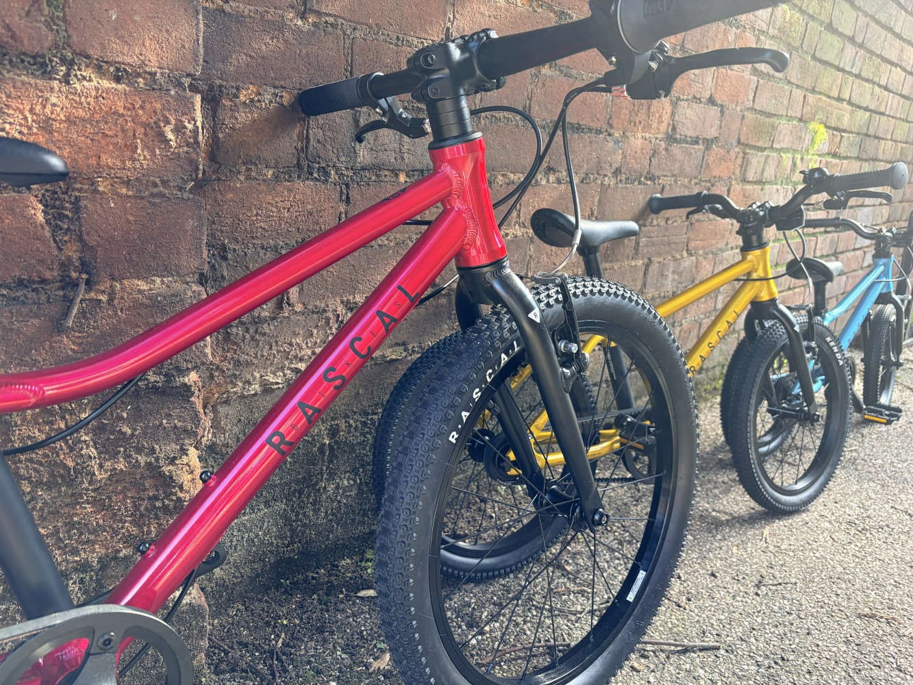Three sizes of Rascal kids bikes lined up in a row against the brick wall.  The largest and closest bike is red, with a yellow and blue bike in the distance.  It is a sunny day