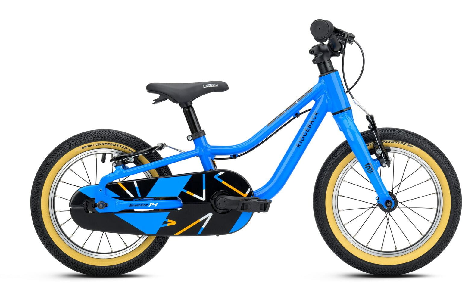 Side view of the Ridgeback Dimension 14 kids bike in blue