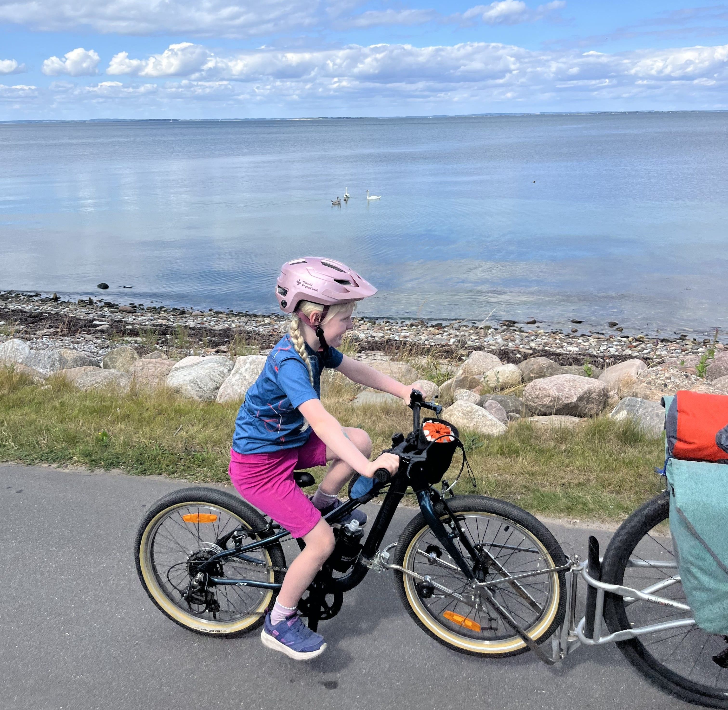 Ridgeback Dimension 20 kids bike being ridden using the FollowMe Tandem along a road beside the sea