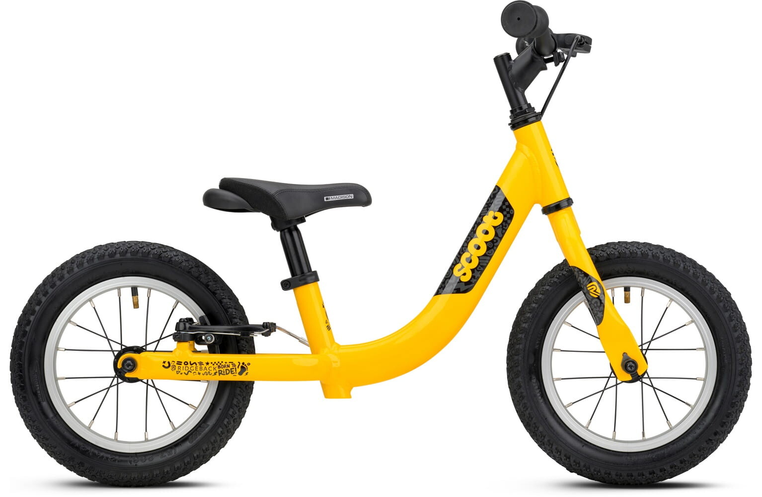 Side view of the Ridgeback Scoot balance bike in Yellow